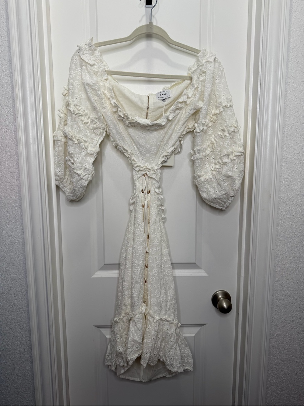 SABO Off Shoulder Eyelet Lace Up Cutout Mini Dress White Medium NWT! - Picture 6 of 11